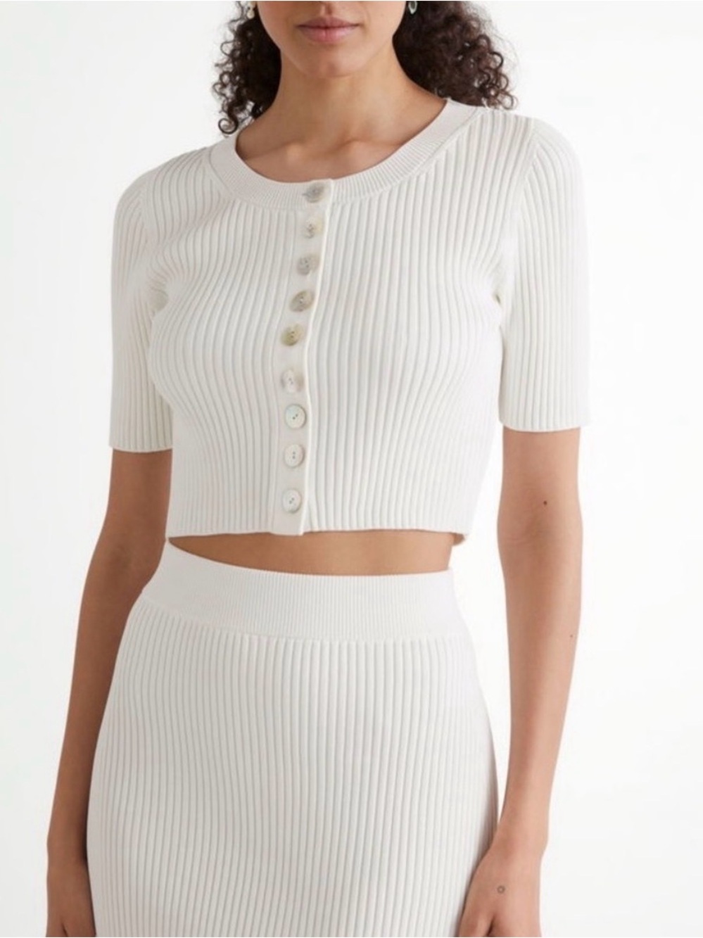 & Other Stories Cream Cropped Ribbed Shell Button Cardigan